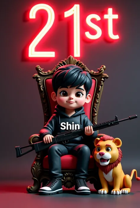 Create a 3D Chibi guy for a profile picture where a 22 year old boy in a black jacket with name "Shin" in Center sitting casually on a King Throne chair. With a rifle on hand. And a ferocious Lion by my side. The Background features " 21st " in big and cap...