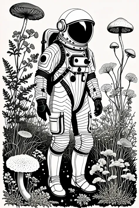 graphics engraving, flora, botanical sketches, parasites symbionts mushrooms mycelium entangled spacesuit-armor