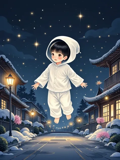  thick gouache illustration ，Above the street ， boy in pajamas floating on a transparent, glowing meniscus， in the dark，Minimalism，Shimmer，cure，fairy tale， hazy grainy ，Dreams，Warm and cold contrast， heartwarming，Warm sense of atmosphere， high-grade ambien...