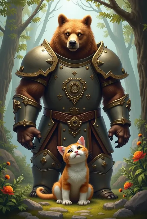 A formidable brown bear in armor protects a gentle catwoman