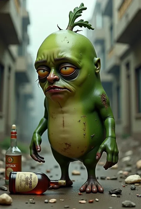 draw the image of CHIPOLINO from a Soviet cartoon and imagine that he has been suffering from alcoholism and drug addiction for 30 years and looks very tired and sad, and the year is 2025
