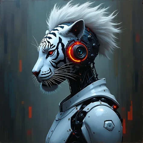 "Create an expressionist painting of a futuristic robot with a striking, intricate cybernetics tiger mask featuring mechanical details and a unique hairstyle. urban style. Use bold, expressive brush strokes to evoke emotion, incorporating a palette of star...