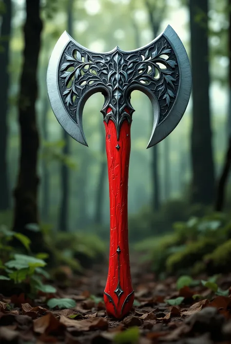  Beautiful half-moon axe with slots small leaf pattern on an ax,  very beautiful ,  red wood handle and beautiful cutouts are clearly visible ,  Very detailed, light forest background ,  all the small details of the ,  masterpiece,  complicated details,  m...