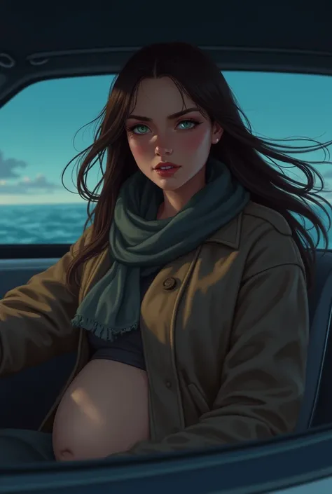 2D A 4-month pregnant woman with straight brown hair, wearing clothes, a very oversized European coat, a scarf,  driving a luxury speedboat alone in the middle of the sea. Straight hair fluttering in the wind, focused on driving with an annoyed face, blue-...