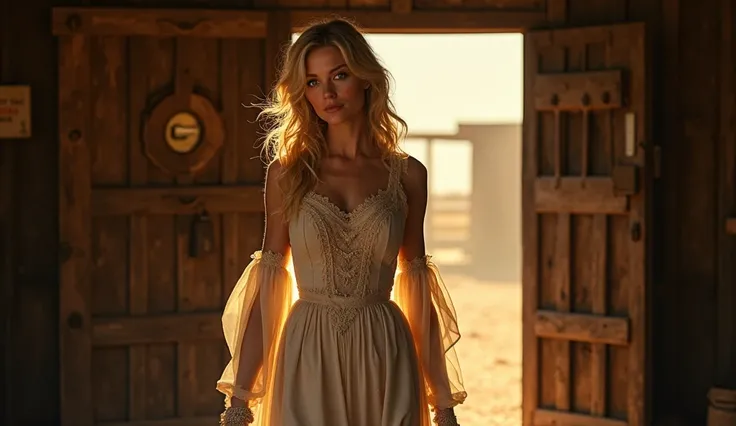 "A stunning blonde woman with blue eyes, with flowing, golden locks, enters a dusty, dimly lit saloon. Dressed in a beautiful 1820s-style dress, made of rich fabric with intricate lace details, she carries herself with grace and elegance. Her soft features...