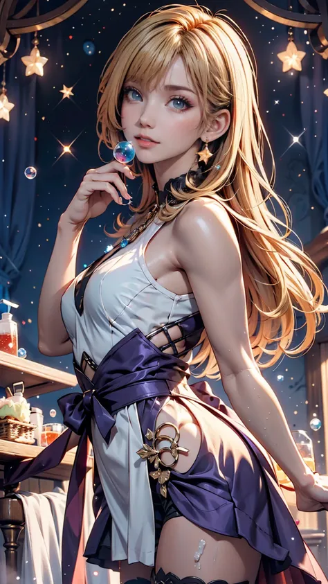  is blowing soap bubbles under the starry sky、 anime-style bright blond haired girl with purple eyes