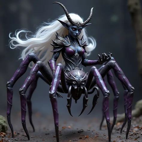 wide angle, An awe-inspiring Arachnecentaur, drider, dark elf, upper body blended with spider body, hybrid, dark grey skintone, white flowing long hair with intricate crown, beautiful detailed face and eyes, body is adorned with beautiful armour, dark purp...