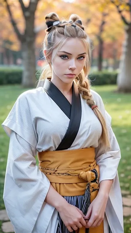 (( AlexiaThompson01R face )).  beautiful. perfect, (( Blond hair, hair in a bun,  hair falling over one eye, emo bangs)), (blue eyes.  vibrant blue eyes).  perfect skin,  white skin. thin nose, thin chin. ((Samurai, tiger kimono ,  orange and black kimono ...