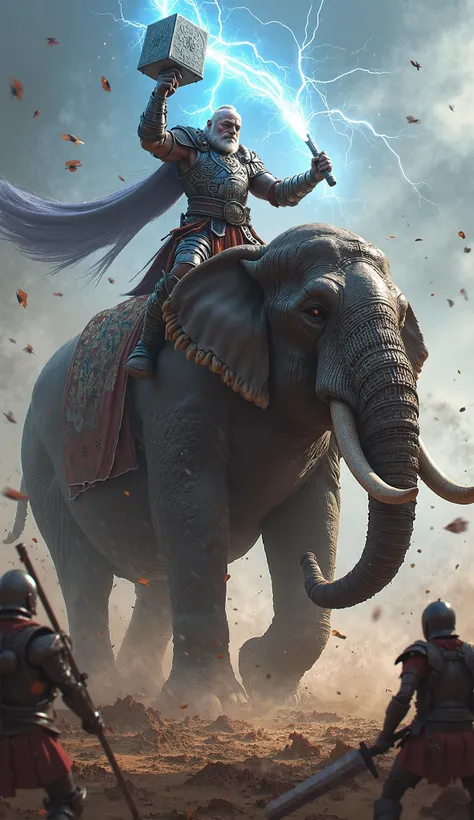 The Thunder war Lord and His War Elephant:
A thunder warlord wielding an electrified hammer marches into battle, his armored war elephant crushing enemies beneath its massive feet.