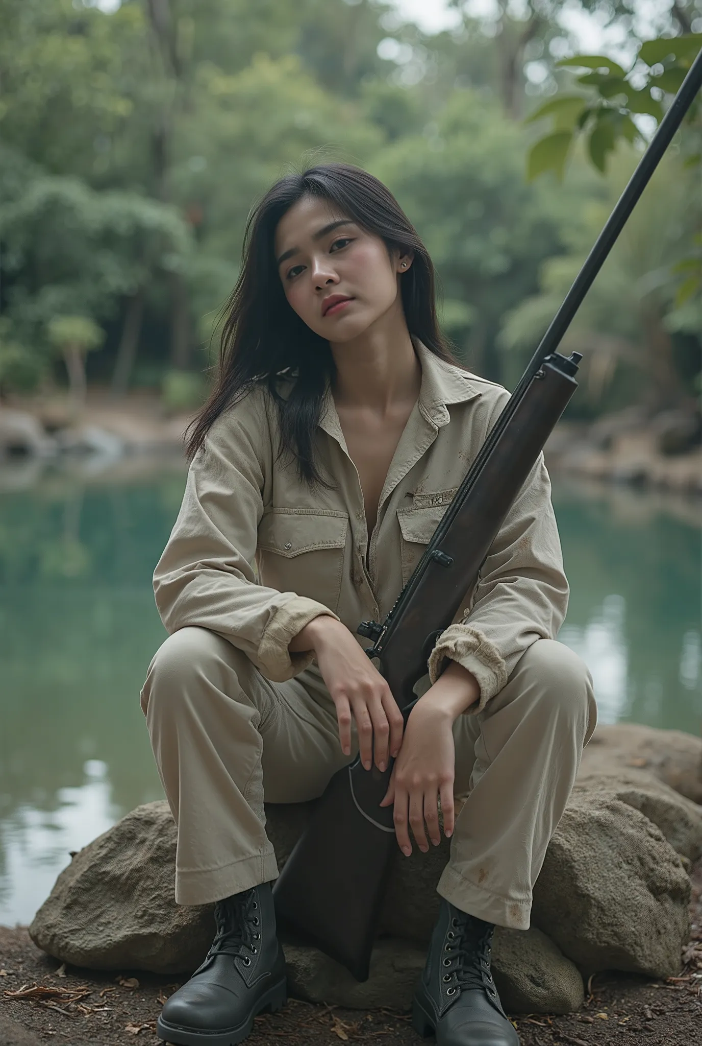 A beautiful 25-year-old Thai actress, long flowing black hair, wearing a safari outfit with a dirty white long-sleeved shirt and long pants, holding a rifle, sitting on a rocky outcrop by a lake in a primeval forest, looking tired, cinematic style, (best q...