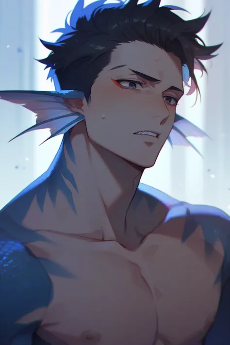 Humanoid sea monster man. Half-human man, half sea monster. Fins ears. Blue scales on bluish skin. Dark hair. Black eyes. Intimidating and Dominant expression. Shirtless. Dark, Eerie, and Psychopathic theme.