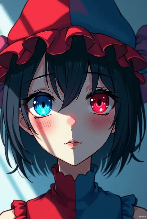 Anime Figure Substance is a woman wearing a clown hat with two eye colors, blue and red. The outline of the face is V-safe, can be divided into different parts of the image.