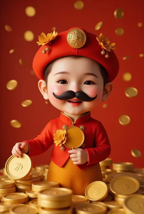 Ultra realistics,smiling Chinese woman with a black mustache and red and yellow traditional Chinese clothing. She has a round face,a bald head,and wears a red hat with gold decorations. She is holding a large gold sign. She is standing front of The backgro...