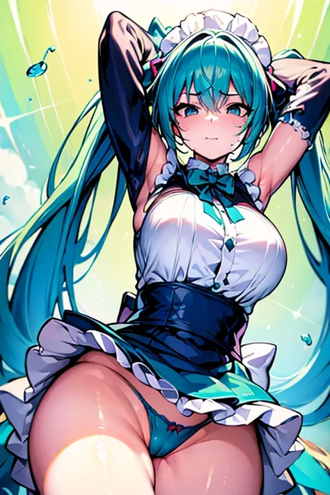 (best quality,ultra-detailed,realistic:1.37),portrait,pencil drawing,colored lines,high contrast,bright colors,soft lighting,Miku Hatsune,cute,adorable,large eyes,detailed hair,twintails,huge ribbon,maid outfit,frilly apron,short skirt, skinny body express...