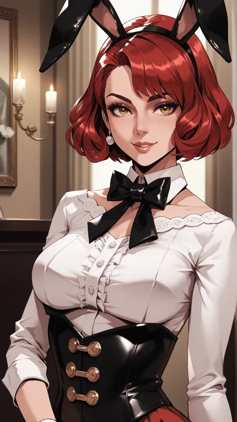 Create an anime-style illustration of a confident woman standing in a relaxed yet composed pose . You have vibrant red hair , seeds ,  to the shoulders , styled in a sleek bob cut with a natural shine that emphasizes your distinctive look .  Your expressio...