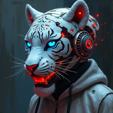 "Create an expressionist painting of a futuristic tiger helmet with a striking, intricate cybernetics tiger mask featuring mechanical details and a unique hairstyle. urban style. Use bold, expressive brush strokes to evoke emotion, incorporating a palette ...