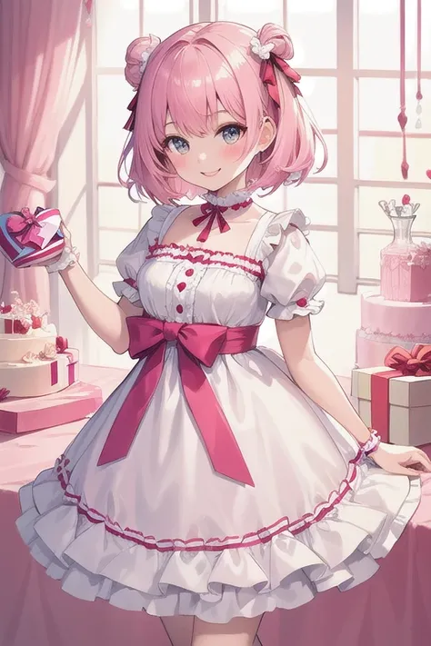 Top quality, high resolution, detailed, beautiful picture quality, one girl, cute pale pink dress with frills, short hair, smiling face, big red ribbon in hair, lolicon feeling, little sister, cute design with pink as main color, overall sweet and dreamy a...