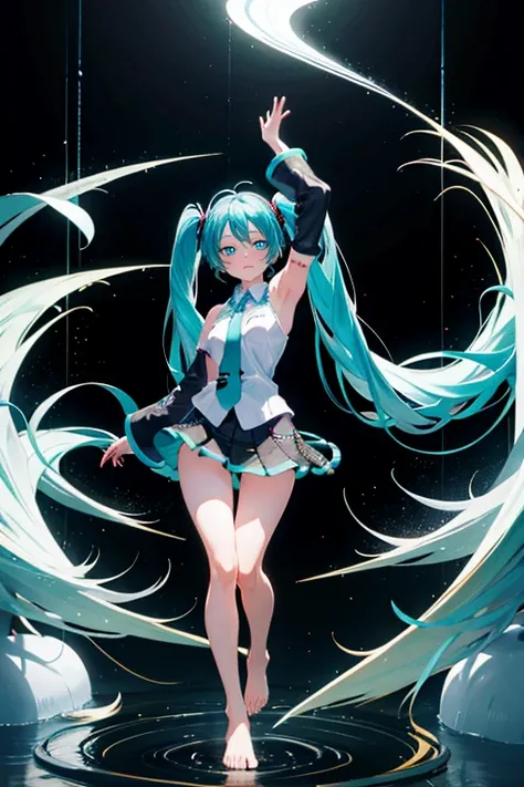 (1 girl),(high quality),(lower body shot),(Hatsune Miku is wearing a dark blue short pleated skirt with panties underneath.),(barefoot)not wearing shoes,perfect sentence,(Beautifully erect nipple shape:1.2),beautiful eyes in high resolution,(daylight white...