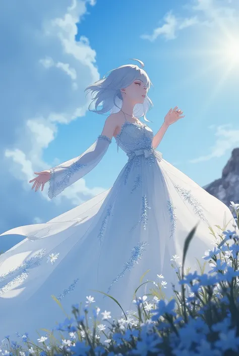 This is a digital artwork featuring a serene, ethereal scene with a young woman in a fantasy setting. The woman has short, wavy, light blue hair that flows freely, blending into the surrounding sky. Her eyes are closed, and her face is turned slightly upwa...