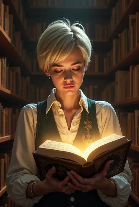 Create an image of a woman libarian with a blonde pixie cut in a library looking at a mysterious book as it illuminates light