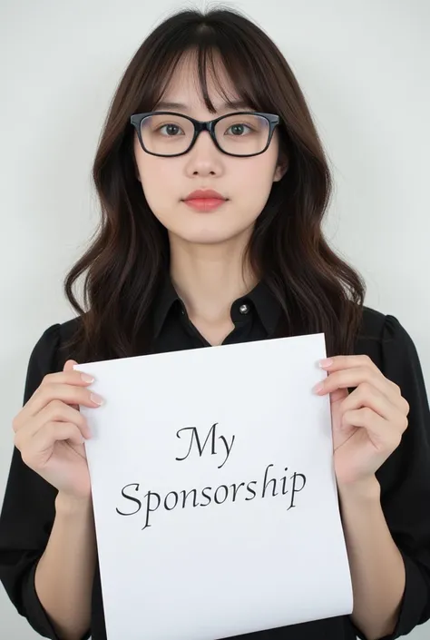  Make a woman, white, Korean, long wavy dark brown hair, with bangs,  wearing square black glasses ,  with a black blouse , holding a sheet of A4 paper written My Sponsorship in Brazilian Portuguese with feminine and elegant letters, o fundo eh uma parede ...