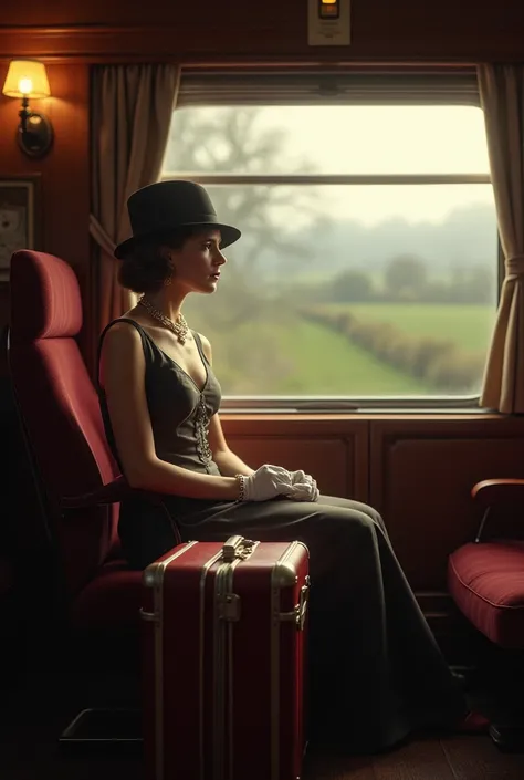 Another picture of her sitting on a train with two suitcases