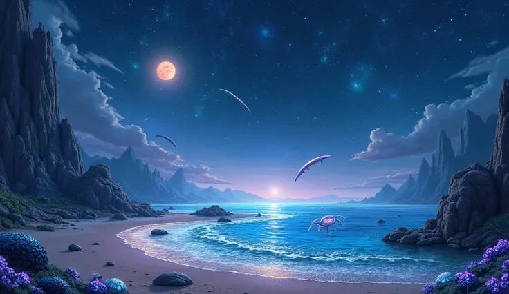  beautiful beach on an alien planet at night