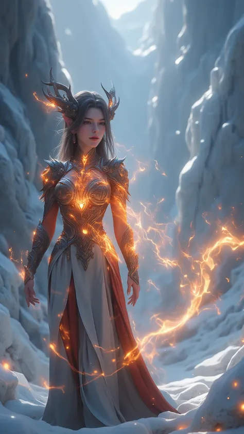  Combination of Fire Elves and Humans， girl，beauty，alone， Fiery Armor ，Floating，Ice Canyon ，panoramic， full body shot ，16k， High detail， HD ，3D Rendering，Realistic，