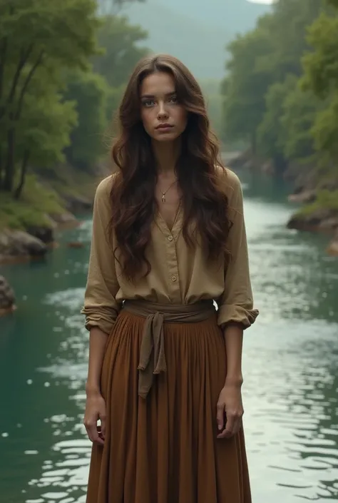 Joquebede woman with long brown hair wearing clothes in earthy tones in front of the river thoughtfully 