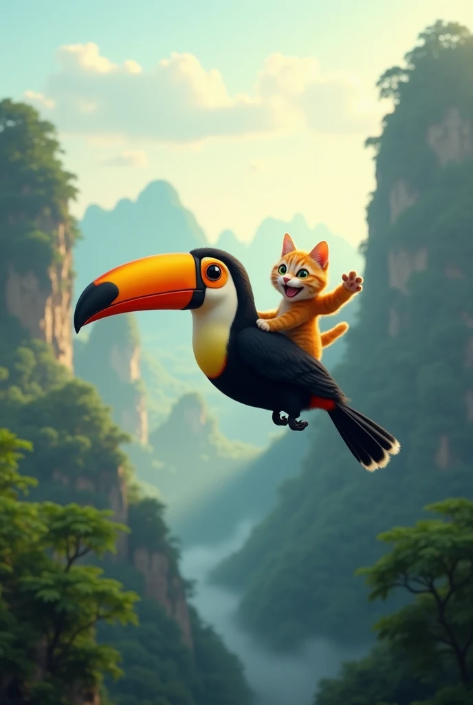 Characters: The same small, orange-and-white cat, now joyfully riding on the back of a large toucan. The cat has a delighted expression, while the toucan flies gracefully through the sky.
Background: A breathtaking jungle landscape with towering rock forma...