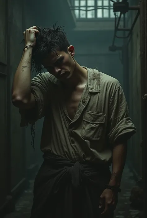  A poor young man wears pierced and worn clothes in a dark prison while holding his hair 