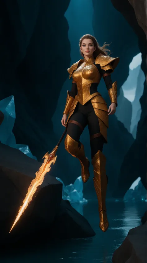  Combination of Fire Elves and Humans， girl，beauty，alone， Fiery Armor ，Floating，Ice Canyon ，panoramic， full body shot ，16k， High detail， HD ，3D Rendering，Realistic，