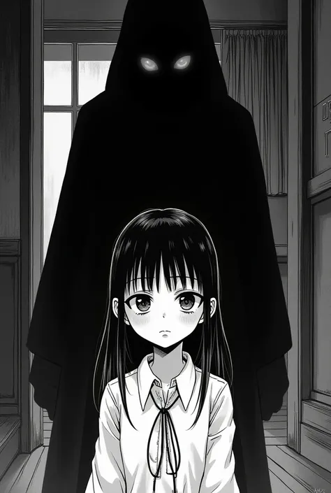 Make a black and white in manga art style of a girl with a man in a shadow figure behind her in a room