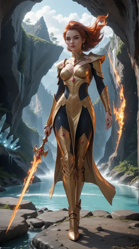  Combination of Fire Elves and Humans， girl，beauty，alone， Fiery Armor ，Floating，Ice Canyon ，panoramic， full body shot ，16k， High detail， HD ，3D Rendering，Realistic，