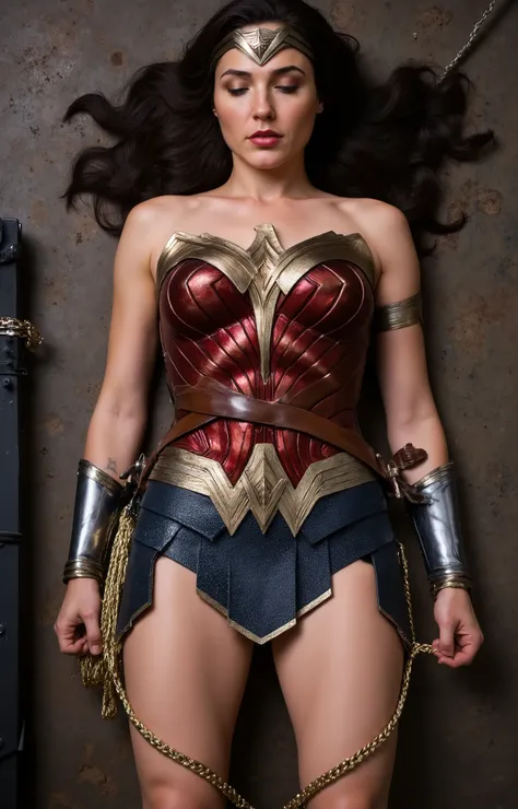 Gal Gadot is Wonder woman, lying unconscious, be restraint on the platform, bound with chain,  a lot of cum on her thighs, cum on her face, cum on her face, cum on her legs,