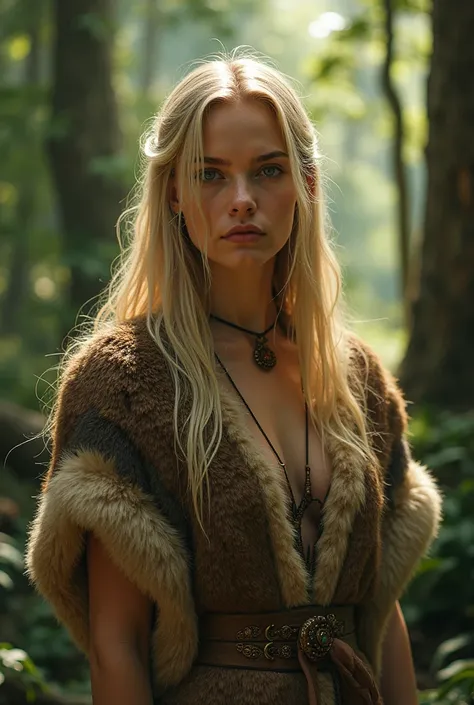 A beautiful blonde young  girl wearing animal skin at a forest at prehistoric era