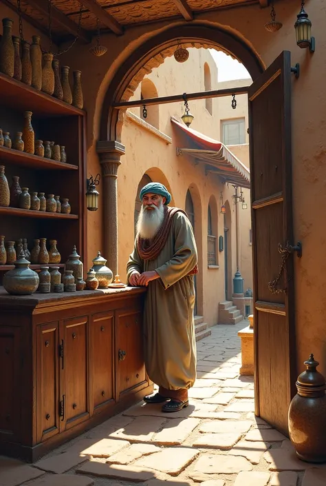 Old shop and old muslim man setting 