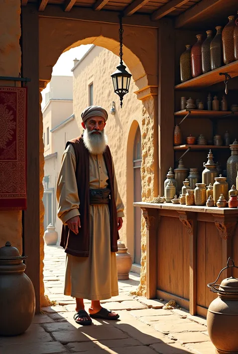 Old shop and old muslim man setting 