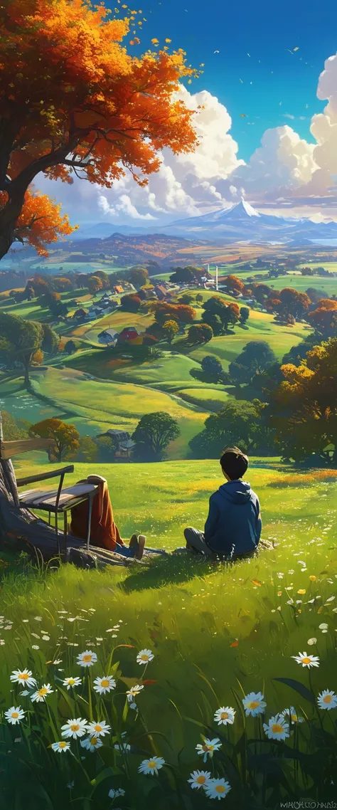  fondo de pantalla de arte anime 8 K, fondo animado art, Fondo De Pantalla De Paisaje De Anime, ANIME MASTERPIECE - Creates an image of a serene, sunlit rural scene in vibrant, detailed anime style. The scene is a boy sitting next to a tree in an autumn me...