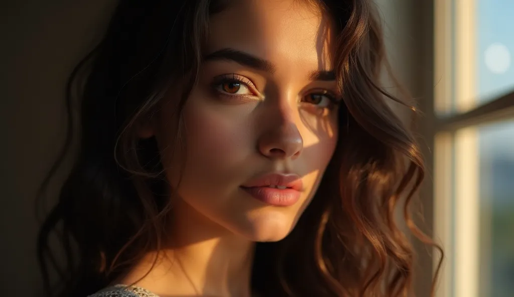 Close-up of the face of a young woman with brown eyes,  long hair, very curly and dark brown and well-shaped slim body, who is standing in a room with a large window, From where a light shines on his face,  illuminating him with a soft and angelic light. H...