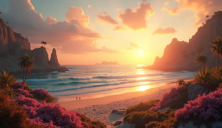 beautiful beach on an alien planet at sunset on a clear day