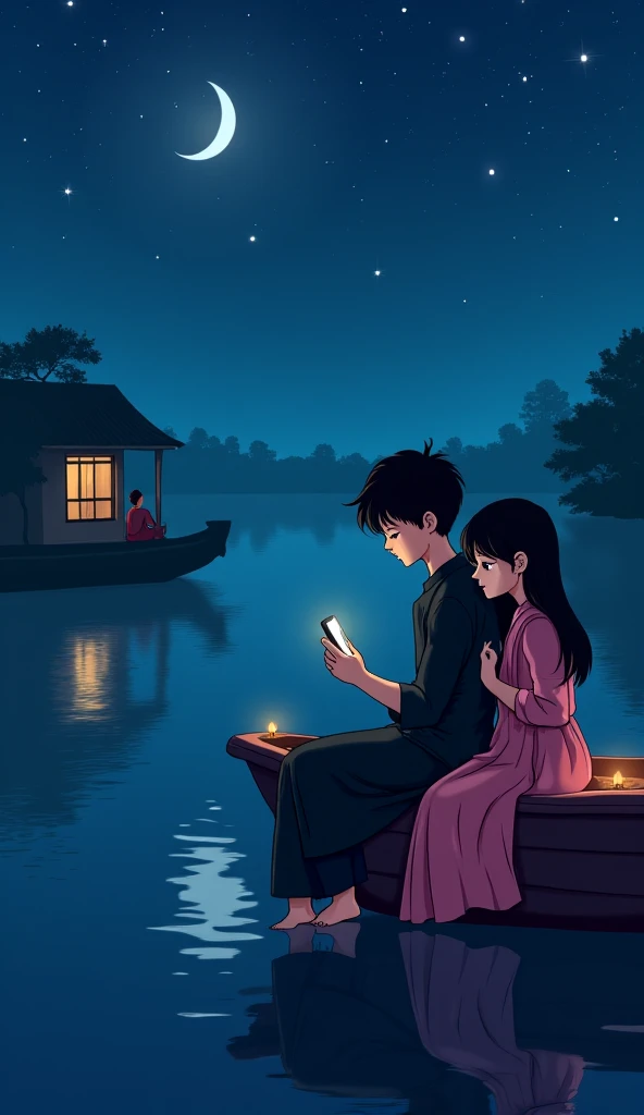 "An anime-style illustration capturing a bittersweet long-distance relationship in an Indian setting. The boy is seated on the edge of a boat under a starry night sky with a crescent moon above a calm river. He wears a black kurta and lungi, his phone glow...