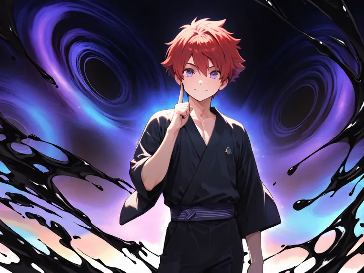 (Rulax: (solo, Man),red hair, ponting one finger up, little smile, confident pose, purple eyes, red yukata, black shirt, oversized black pants), cowboy shot,(Anatomically correct, Masterpiece, Absurdres),(male focus, solo), (abstract black liquid and galax...