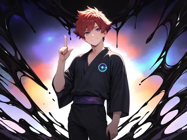 (Rulax: (solo, Man),red hair, ponting one finger up, little smile, confident pose, purple eyes, red yukata, black shirt, oversized black pants), cowboy shot,(Anatomically correct, Masterpiece, Absurdres),(male focus, solo), (abstract black liquid and galax...