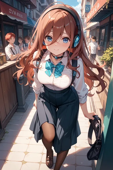  The Quintessential Quintuplets,Nakano Miku, Reddish brown hair, with long hair  ,   hair between eyes , blue eyes,blush, ahe face,  Both Hands and Feet One at a Time,headphone neck strap, Brown pantyhose, ,Long skirt, loafers, cleft breast, No underwear p...