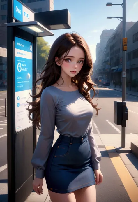 beauty young woman ,standing posed at bus stop, BREAK, (brown long wavy hair, forehead), BREAK, ( gray long sleeves square neck shirt, denim pencil mini skirt, black heel sandals), BREAK, (1girl, solo, full body), (best quality,4k,8k,highres,masterpiece:1....