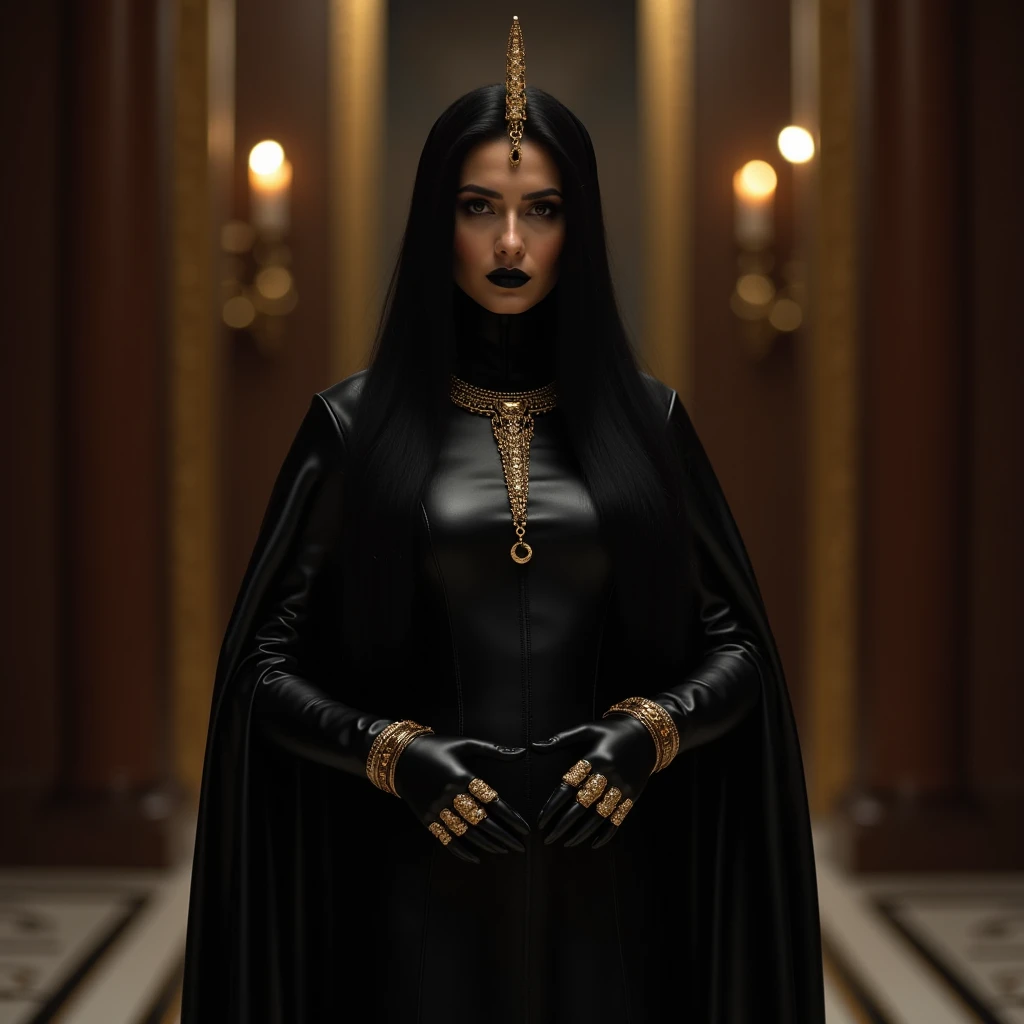 New Turkish woman empress with black long hair black lipstick on her neck golden crescent moon decoration in black leather niqab in black leather dress with Turkish gold jewelry in black leather gloves with gold rings in high patent leather beautiful black...