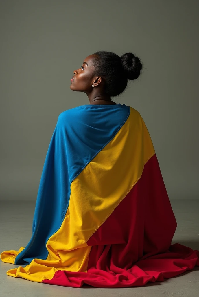 Imagine une jeune femme metisse, triste, vetements arrachés, à genoux face à la camera, tête baissé, point levé vers le ciel, tenant le drapeau de la république démocratique du Congo (RDC) avec les couleurs bleu, jaune et rouge.