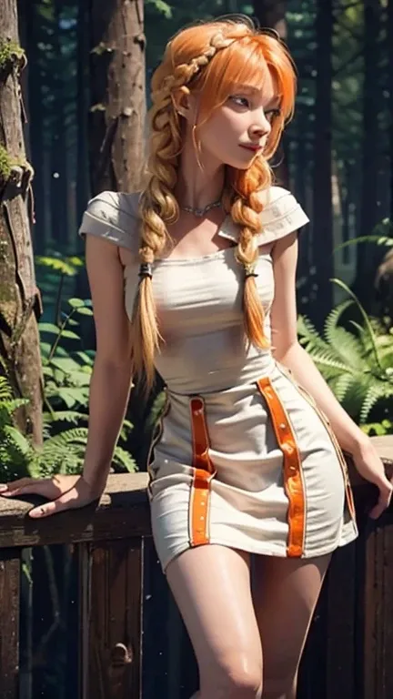 Astrid, braids,  orange hair,  slim body,  small bust,  white dress,  pretty legs, forest,  at night, shooting stars 