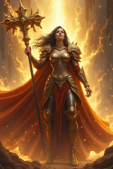  create a female paladin in shining armor and black waving hair. Sacred magic surrounds them like an aura and shows tremendous power, She is extremely present. The armour is richly decorated and testifies to a royal position.  She holds a powerful saint Ma...